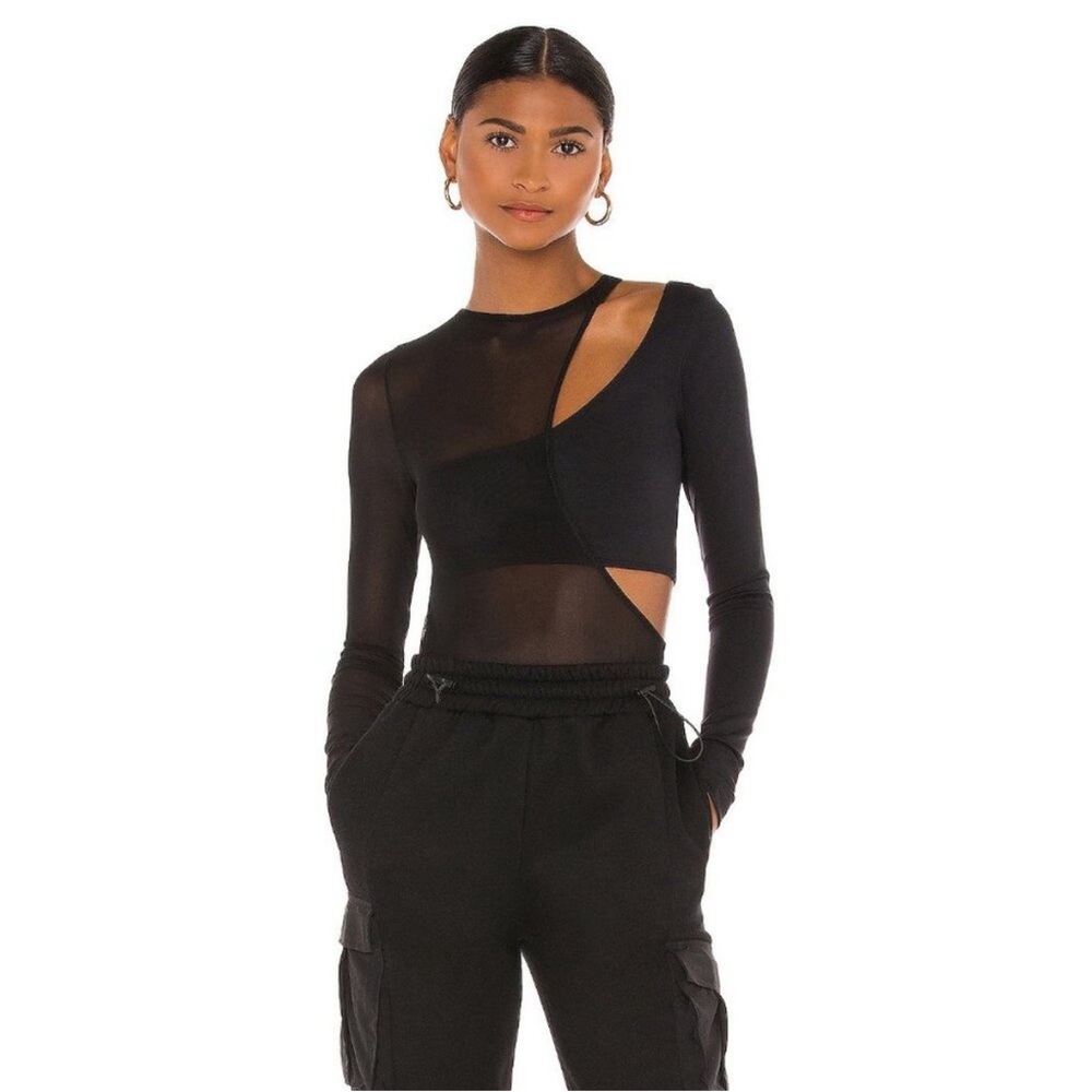 Asymmetrical Black Mesh Cutout Crop Top - Women